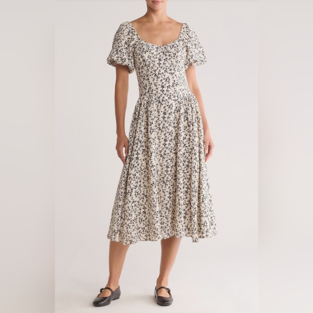 Lush Floral Puff Sleeve Midi Dress